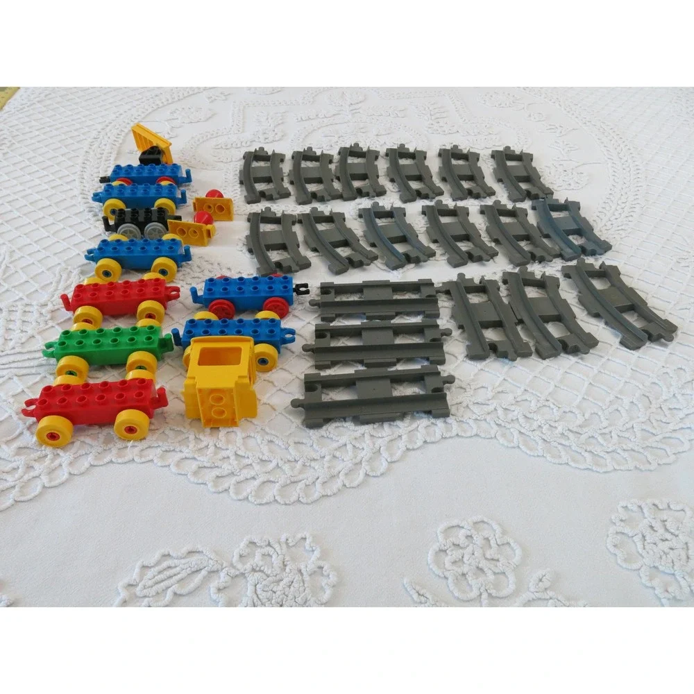 Vintage LEGO Duplo Train Track and Car Lot Curved Straight Tracks Crane Bases